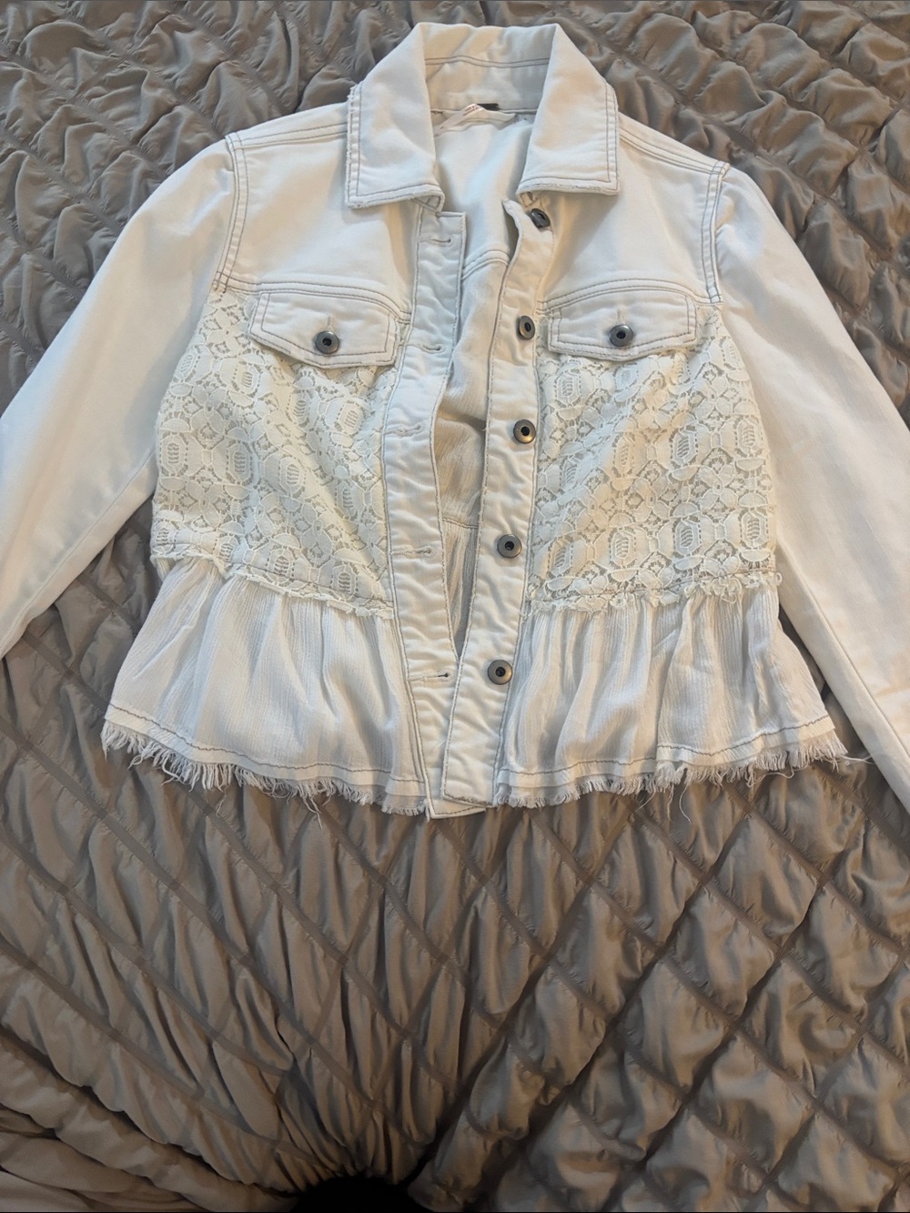 Free People White Lace-Trim Peplum Denim Jacket